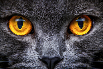 Closeup of shorthair exotic grey fur cat with big yellow eyes indoor looking in camera