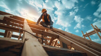Construction Worker Assembling Roof Framework