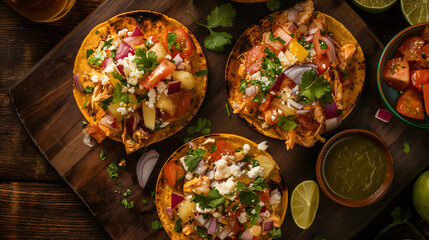 Delicious Chicken Tacos with Fresh Ingredients on a Rustic Table - obrazy, fototapety, plakaty