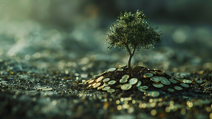 Little money coin tree with green leaves and golden coins 