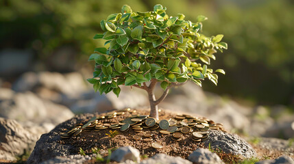 Little money coin tree with green leaves and golden coins 