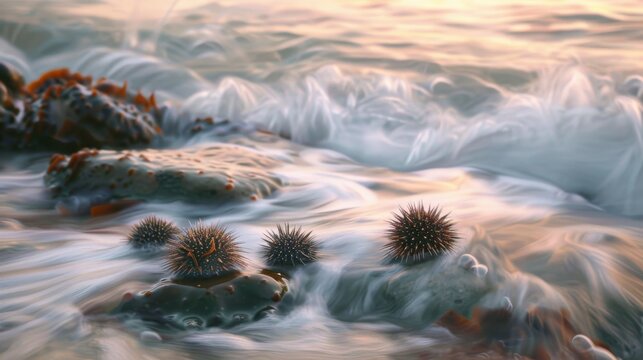 Group of sea urchins resting on rocks near the water's edge