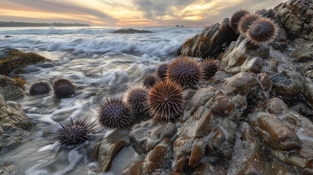 Group of sea urchins resting on rocks near the water's edge