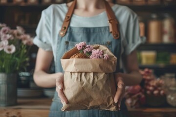 Eco-friendly gourmet store greeting customers with tasty fresh food supplies home decorations eco packaging sustainable life happy staff delicacy delicious spices herbs cooking small business owner