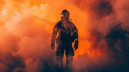 Fototapeta na wymiar firefighter standing among heavy smoke during work