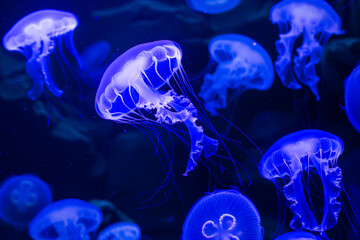 Obraz premium Common jellyfish in aquarium lit by blue light
