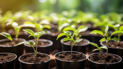 Young Seedlings Growing in Pots with Healthy Green Leaves