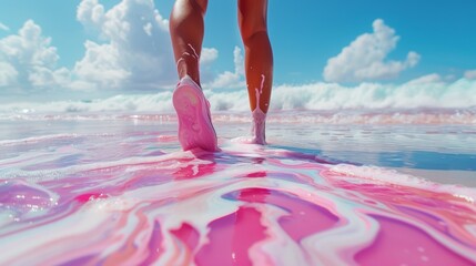 A person walking on a beach with pink and white paint, AI