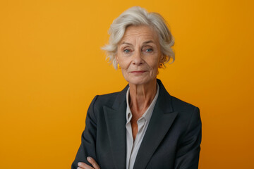 An older woman in a suit stands with her arms crossed