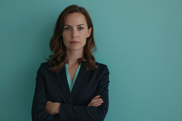 A woman in a suit stands with her arms crossed