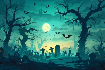 Spooky Halloween graveyard in haunted forest with bats and scary trees, holiday background