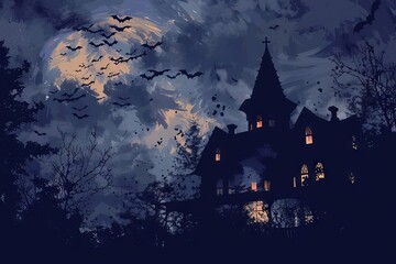 Fototapeta na wymiar Spooky haunted house with bats flying in the night sky, Halloween background illustration