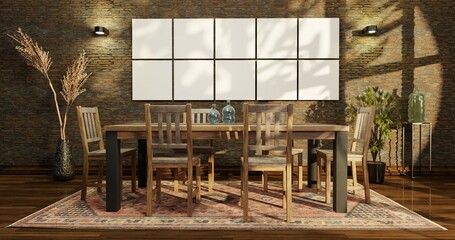 White empty picture frames with shadows in modern apartment with brick wall, with dining table.