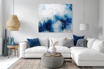 Stylish Scandinavian white living room interior with modern furniture, digital painting