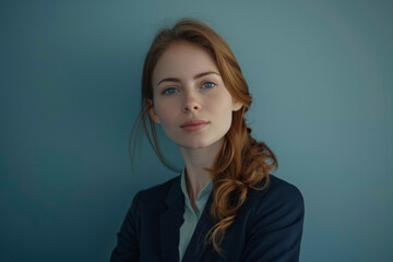 A woman with red hair and blue eyes is wearing a suit