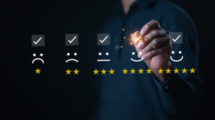 Businesspeople rate their satisfaction and praise the products and excellent service, customer care of employees. to express opinions and give 5 star ratings through the mobile app	
