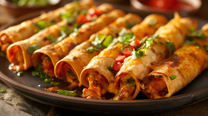 Delicious Cheesy Chicken Enchiladas Served with Fresh Toppings - obrazy, fototapety, plakaty