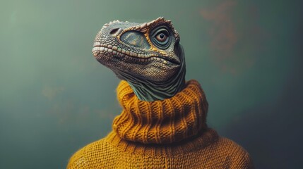 A lizard wearing a sweater with its head sticking out, AI
