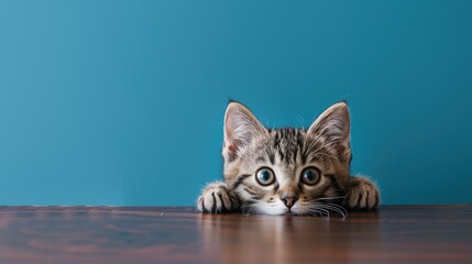 A timid Shorthair kitten cautiously peeking out from under a table, solid color background