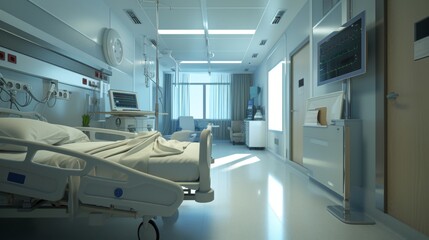 Patient room interior view with bed and equipment in a hospital.