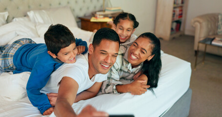 Selfie, phone and family together on bed for happy portrait, memory and social media post of...