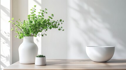 An elegant home interior with a focal point on a beautifully arranged table, adorned with a vibrant green plant and a sleek white vase