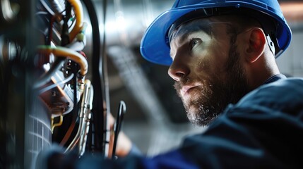 Heat pump or HVAC electronics technician mechanic professional installing or repairing air conditioning unit indoors in summer