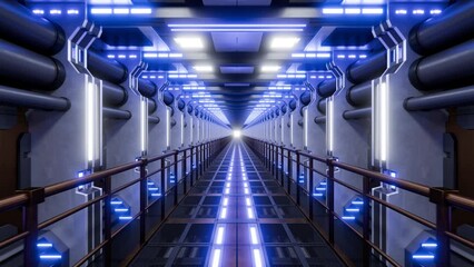 3D loop of futuristic illuminated elevated walkway and pipes in factory - Powered by Adobe