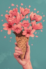 Woman hand holding a bouquet of pink flowers in ice cream cone, love and romance concept