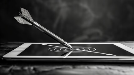 An elegant silver arrow aimed directly at a virtual target on a sleek, modern tablet screen