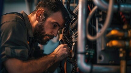 Heat pump or HVAC electronics technician mechanic professional installing or repairing air conditioning unit indoors in summer - obrazy, fototapety, plakaty