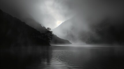 An ethereal black mist enveloping a serene landscape, evoking a sense of mystery and wonder