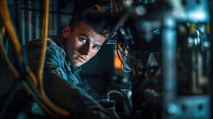 Heat pump or HVAC electronics technician mechanic professional installing or repairing air conditioning unit indoors in summer