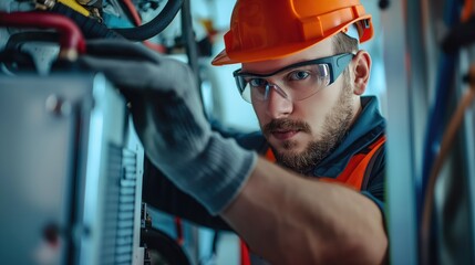 Heat pump or HVAC electronics technician mechanic professional installing or repairing air conditioning unit indoors in summer