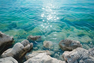 Naklejka na ściany i meble Tranquil marine landscape with shimmering water and sunlight, nature scenery