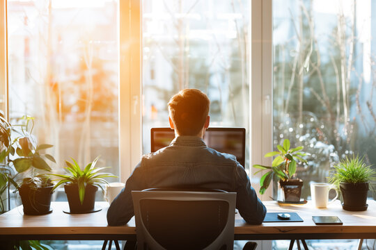 Man working on computer in cozy home office with natural light. Back view. Remote work from home, telecommuting, freelance