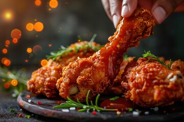 Fototapeta na wymiar Captivating close-up shot of a person's hands dipping a crispy fried chicken leg into tangy sauce