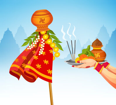 Gudi Padwa celebration. Indian woman celebrate Gudi Padwa or Ugadi festival holding Puja or pooja thali, It's a new year in the Hindu Religion