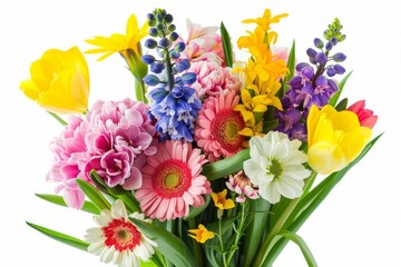 Vibrant bouquet of colorful spring flowers isolated on white, floral still life photography