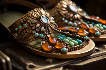 A close-up shot of a pair of metallic bronze sandals with intricate beadwork and gemstone accents.