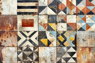 Vintage worn geometric mosaic patchwork pattern on rusty stone wall texture background