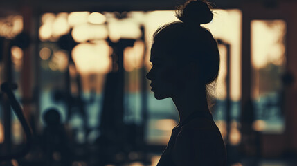 Silhouette of a Woman Contemplating in a Gym During Sunset