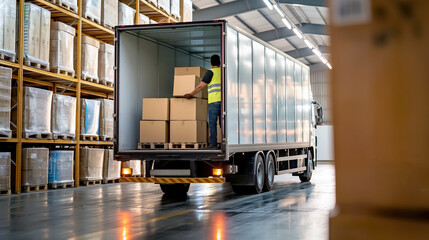 Warehouse Logistics, Industrial Efficiency, Man Loads Boxes on Cargo Truck with Precision, Generative AI