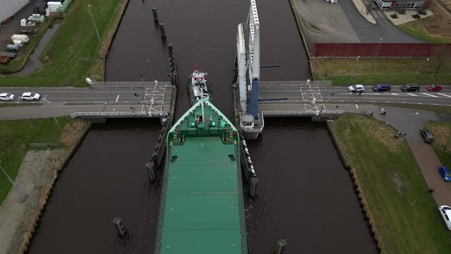 Aerial video of cargo ships in Appingedam Netherlands