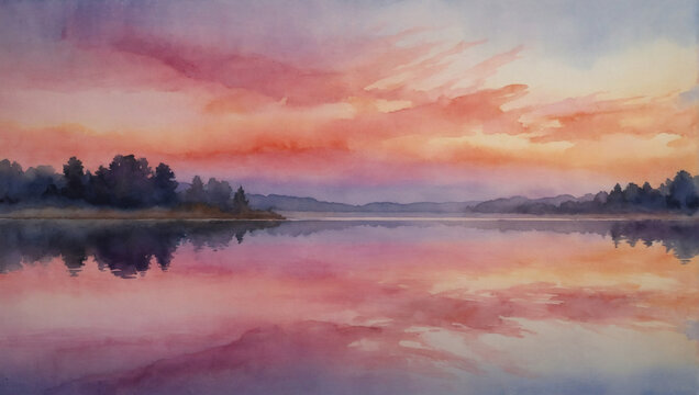 Abstract watercolor landscape depicting a serene sunset over a tranquil lake, with shades of pink, orange, and lavender blending harmoniously.