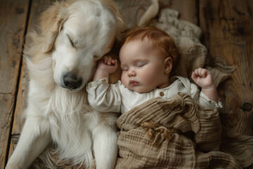 Baby and dog sleep together and hug
