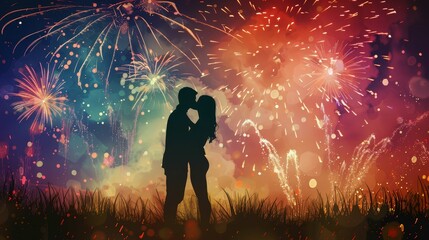 Fototapeta na wymiar greeting card illustration- Black silhouette of kissing young couple and colorful fireworks pyrotechnics on night sky