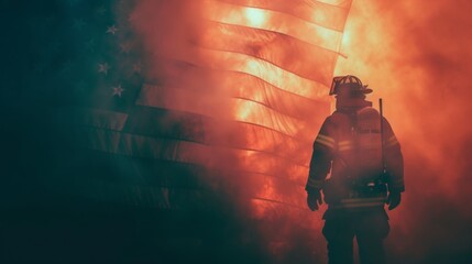Firefighter with US national flag