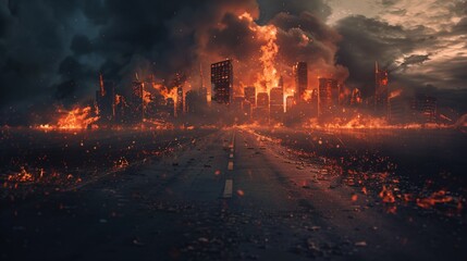 a city on fire with smoke and clouds of smoke - obrazy, fototapety, plakaty