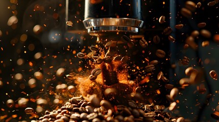 Coffee beans being freshly ground by an espresso machine, creating a dynamic burst of coffee grounds and beans.
 - obrazy, fototapety, plakaty